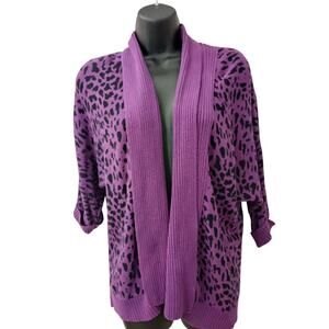Chico's Purple Blk Animal Print Cardigan Scarf Collar Cotton 3/4 Sleeve sz 1 M